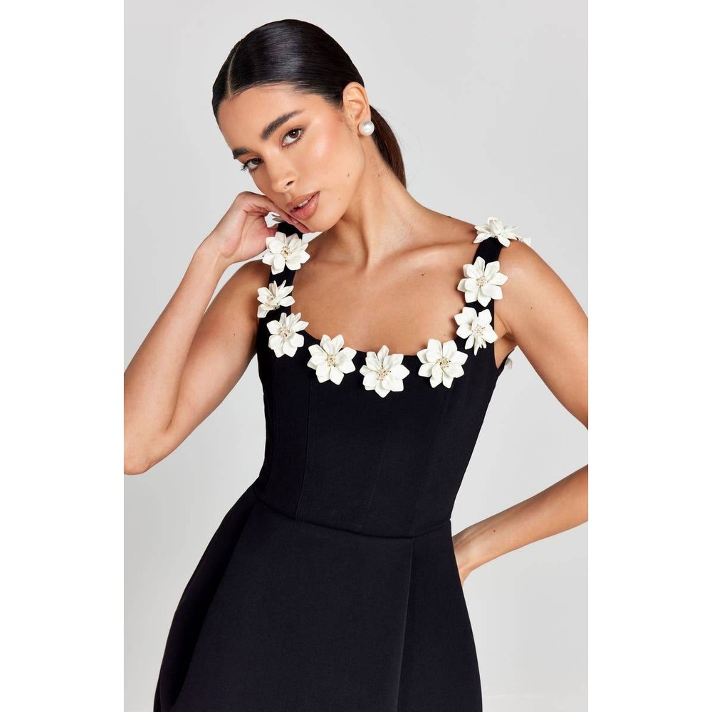 NWT‎ Nadine Merabi Cindy Flower Detail Cocktail Minidress Women's Sz Small Black